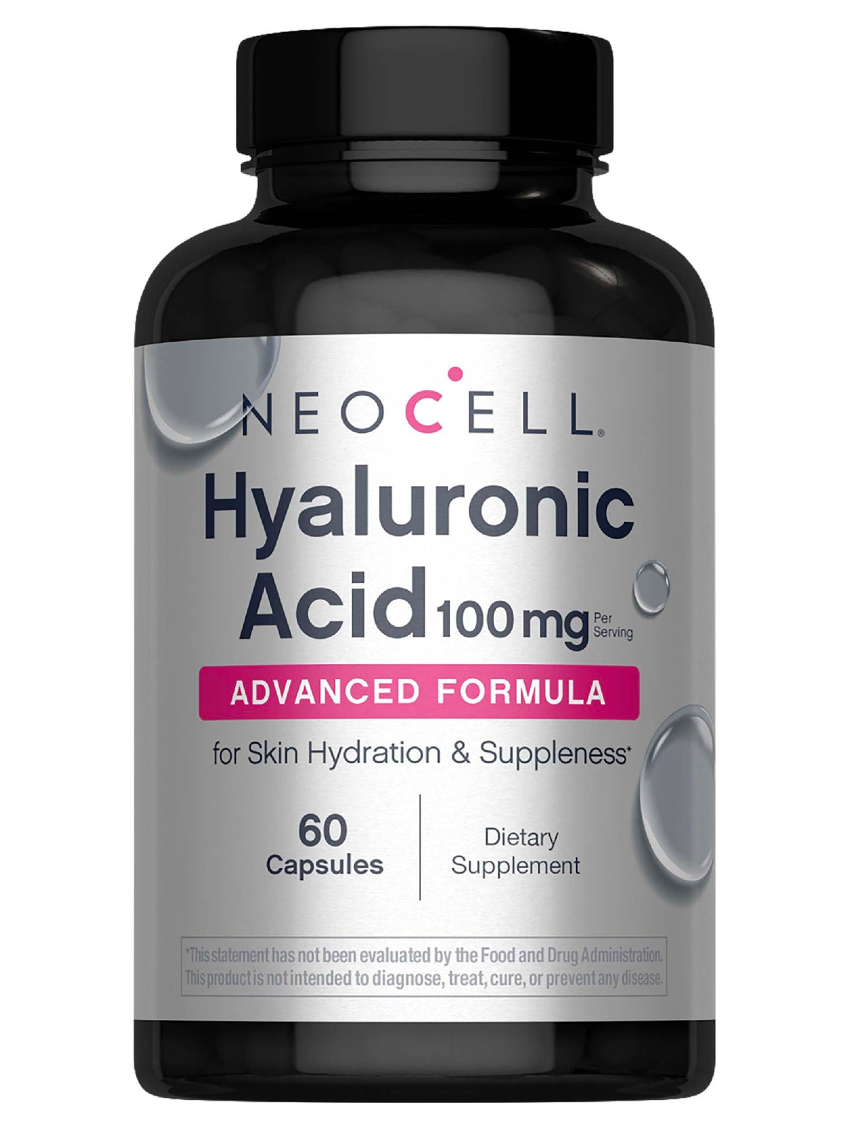 NeoCell Hyaluronic Acid capsules bottle front highlights skin hydration potential