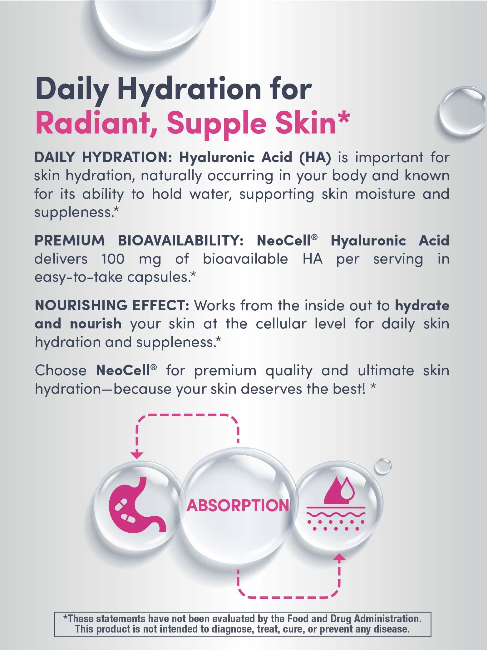 NeoCell Hyaluronic Acid label close-up notes 100 mg per serving