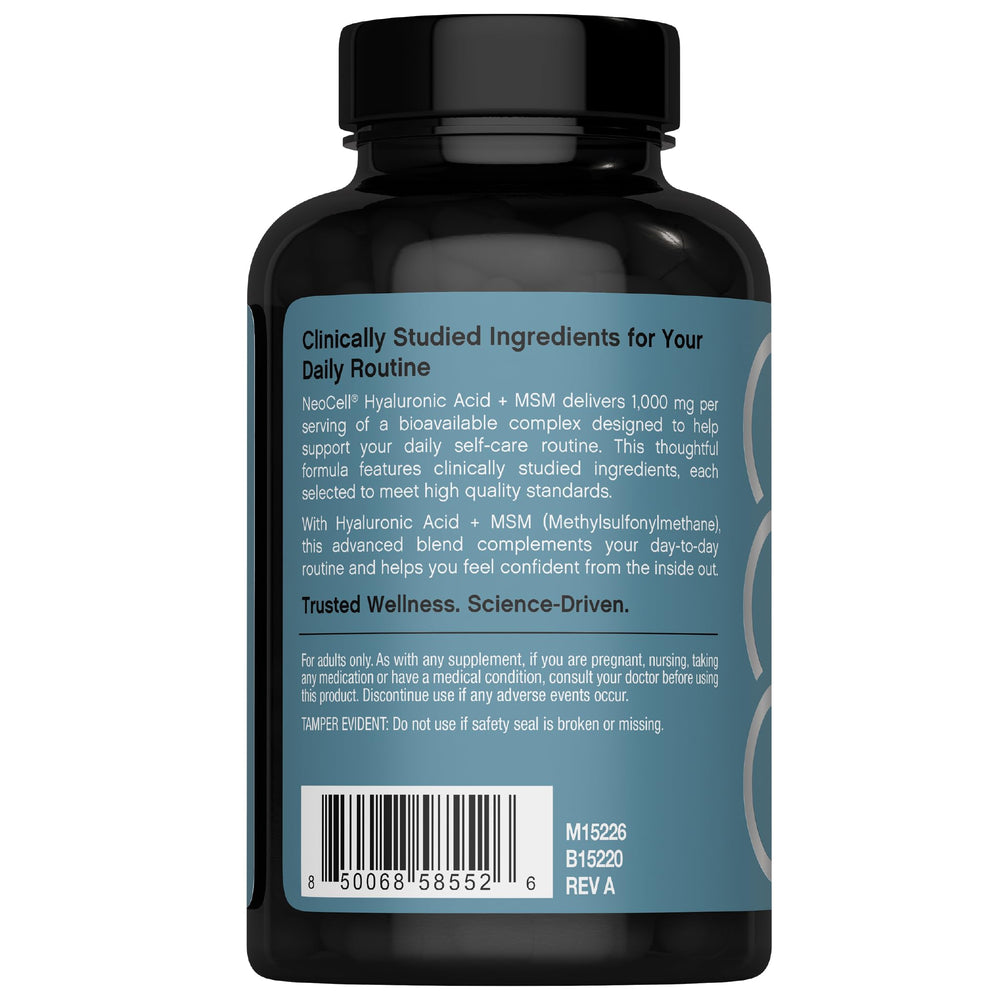 NeoCell Hyaluronic Acid + MSM capsules close-up show easy-to-swallow form.