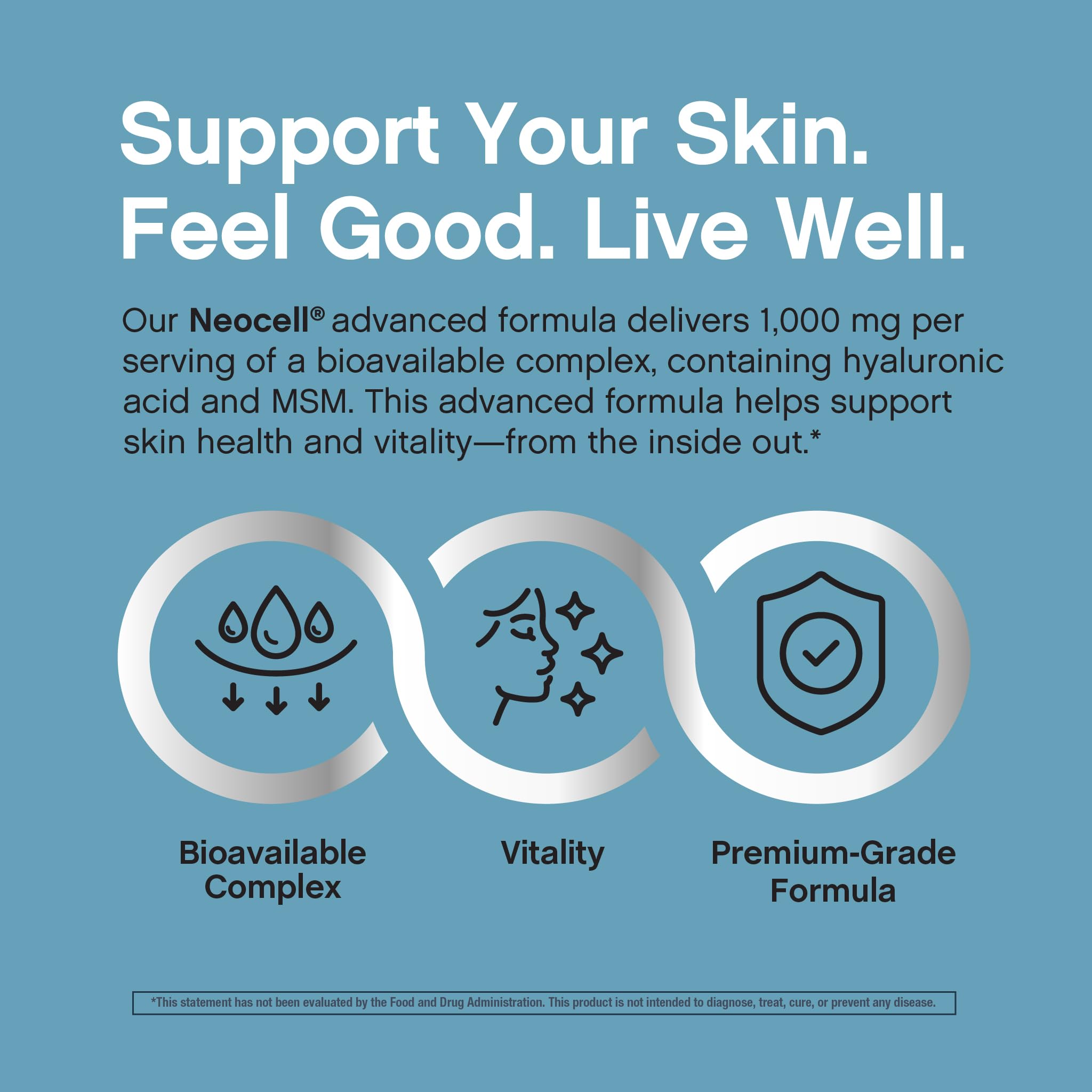 NeoCell packaging emphasizes gluten-free and allergen-free ingredients.
