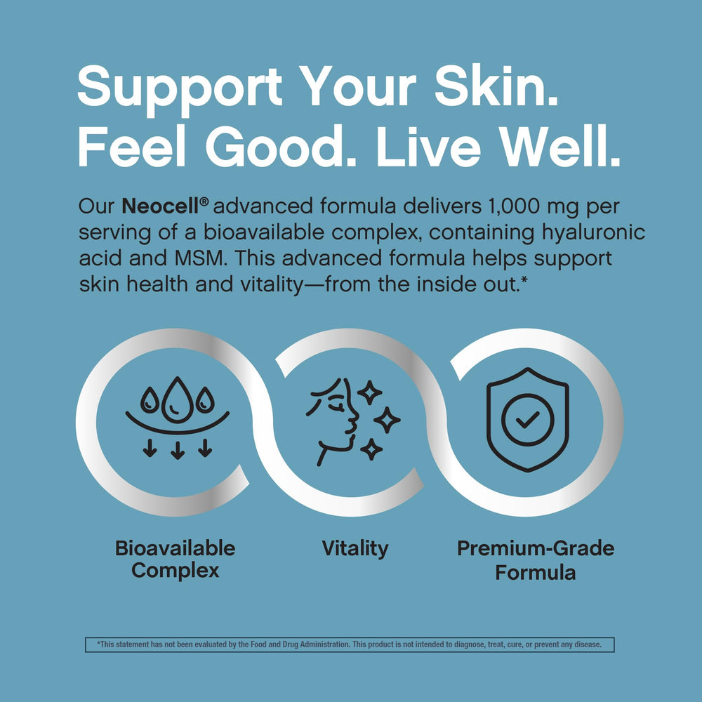 NeoCell packaging emphasizes gluten-free and allergen-free ingredients.