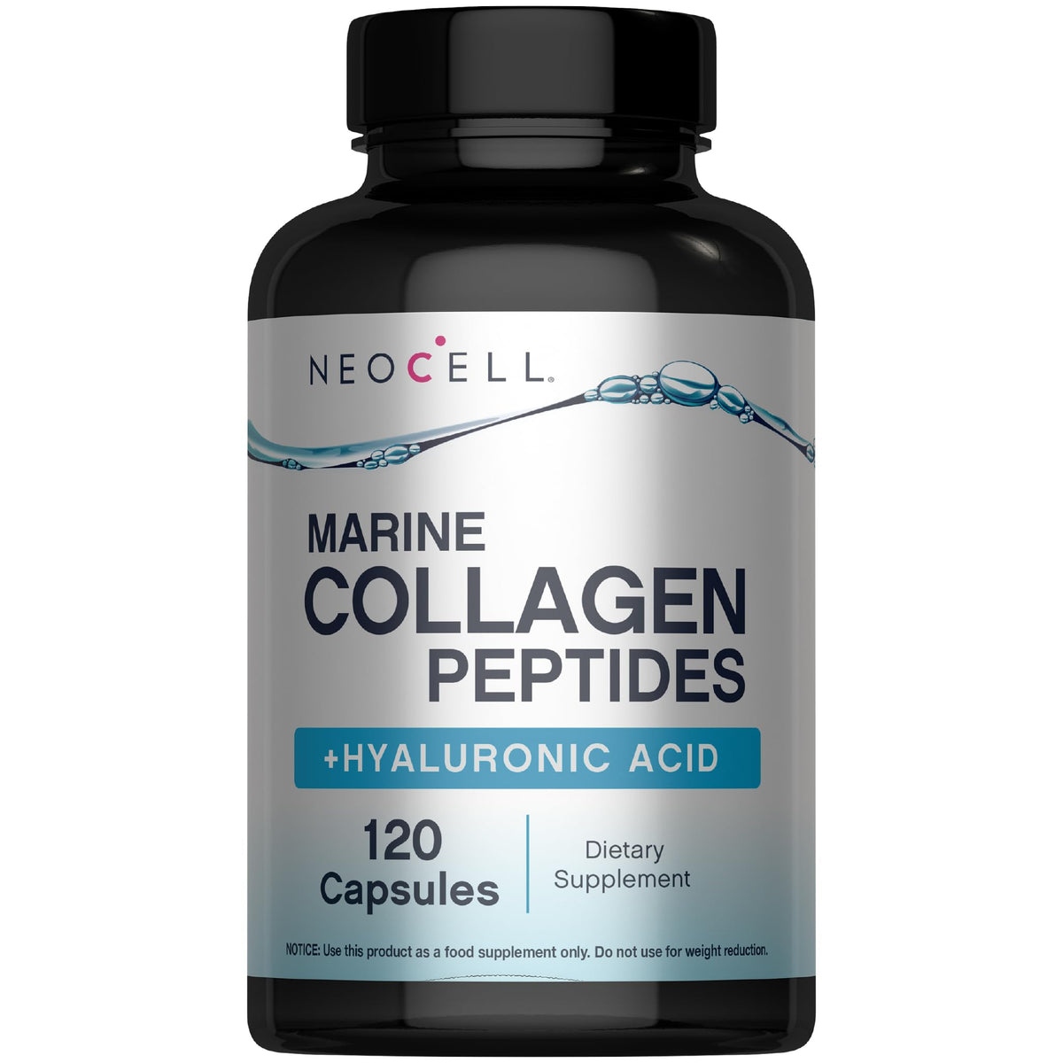 NeoCell Marine Collagen Capsules bottle front highlighting skin hydration support.