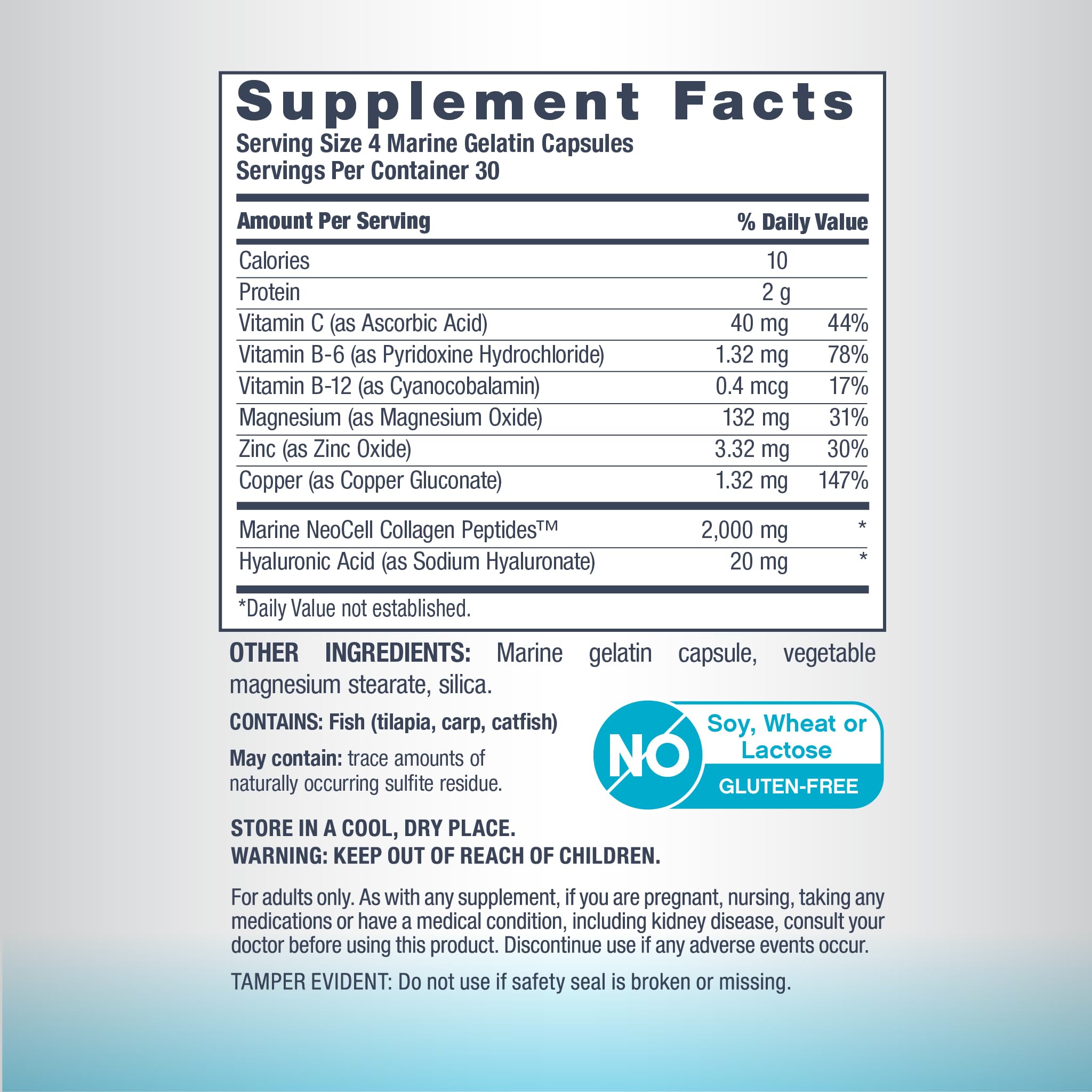 NeoCell Marine Collagen Capsules display four capsules daily dose for routine.
