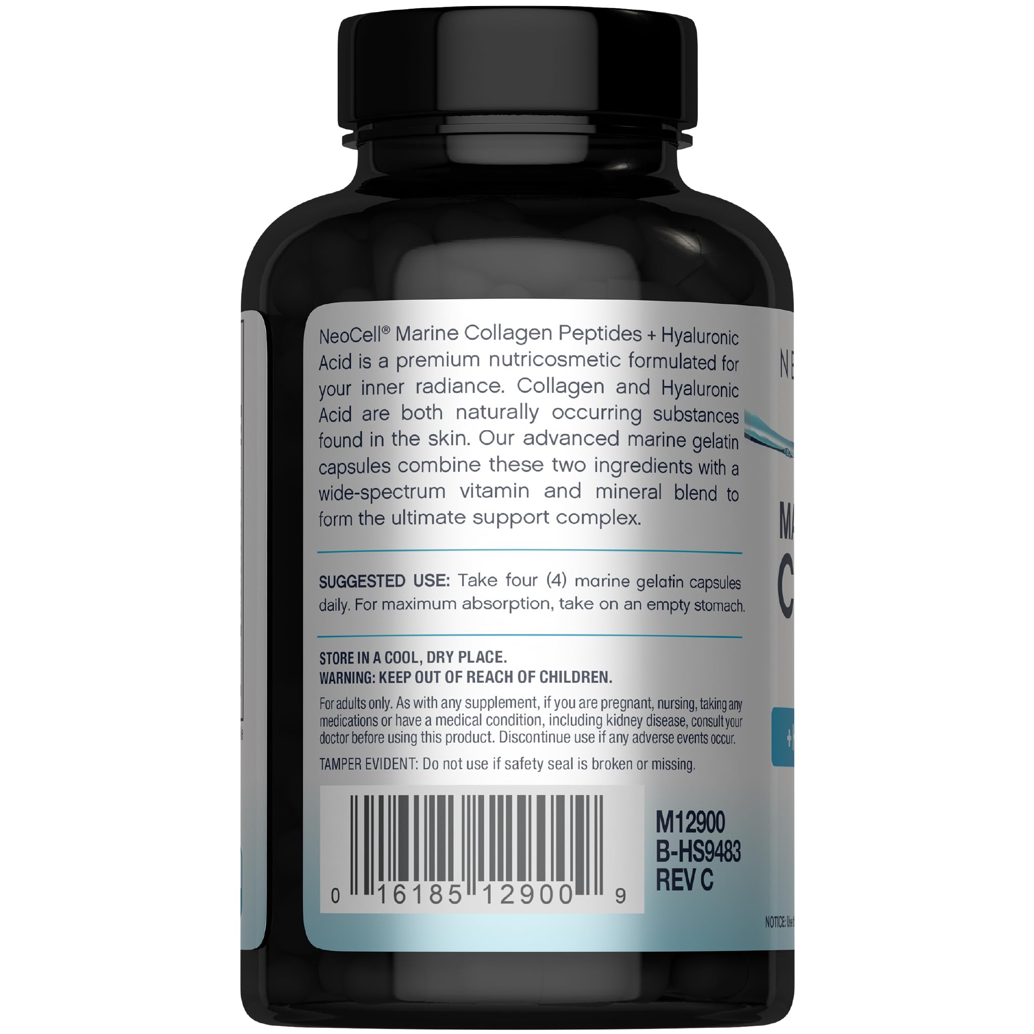 NeoCell Marine Collagen Capsules with Vitamin C label signaling antioxidant-friendly skin support.