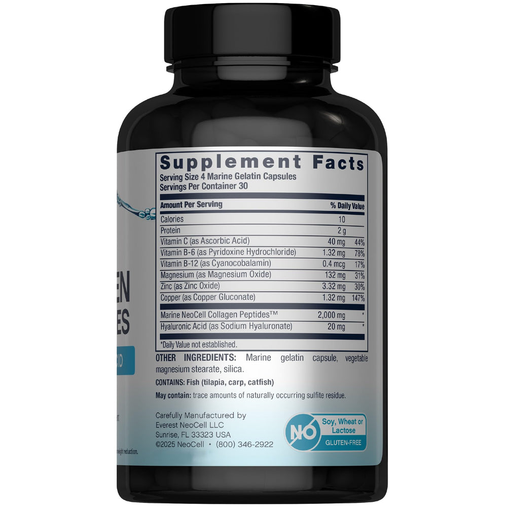 NeoCell Marine Collagen Capsules with Hyaluronic Acid close-up emphasizing hydration benefits.