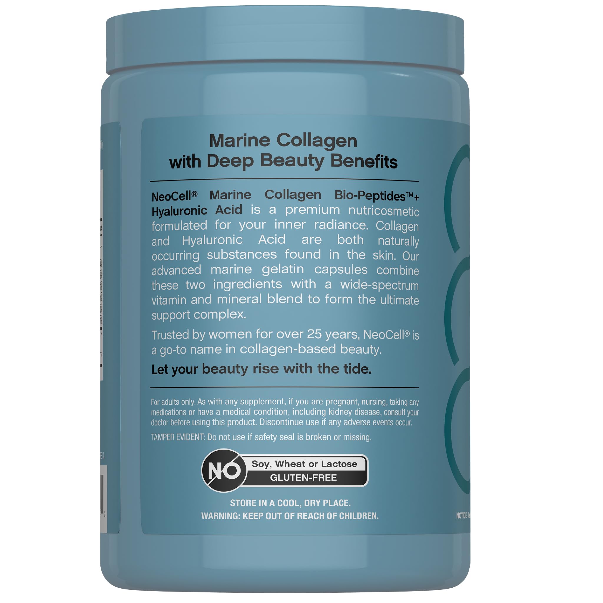 Bottle highlighting hyaluronic acid and essential vitamins in NeoCell formula.
