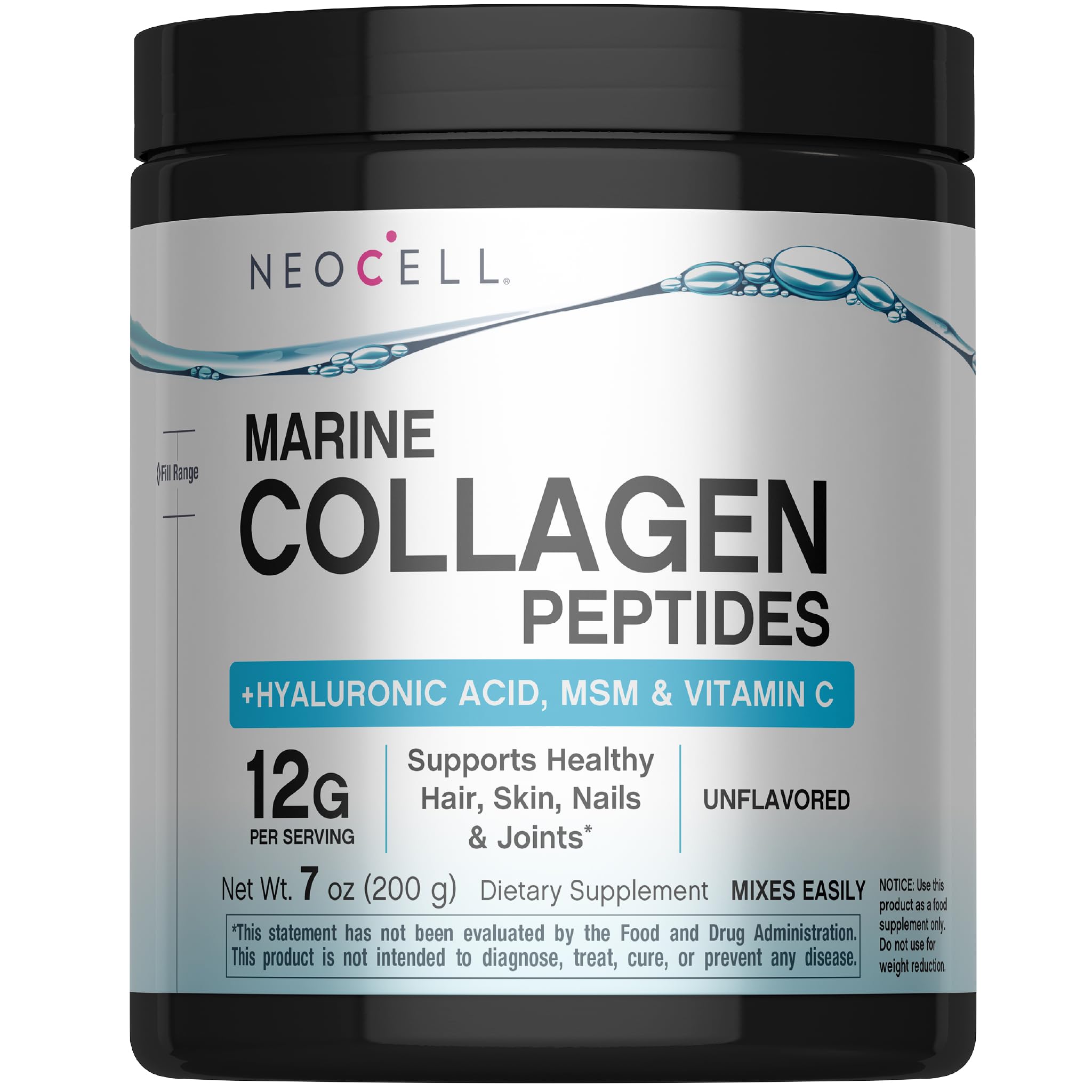 NeoCell Marine Collagen Powder canister on kitchen counter for daily mix to support hair, skin, and nails.
