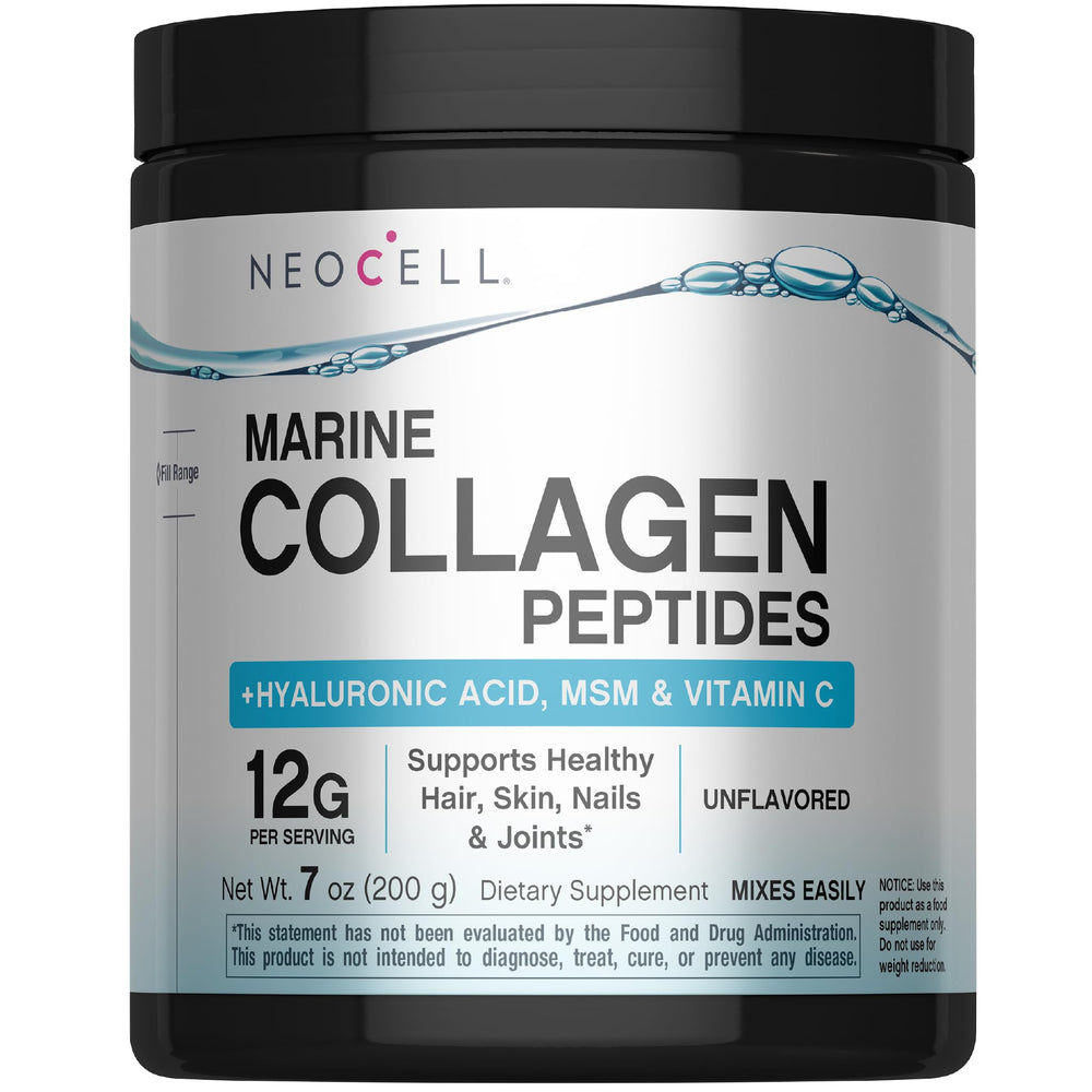 NeoCell Marine Collagen Powder canister on kitchen counter for daily mix to support hair, skin, and nails.