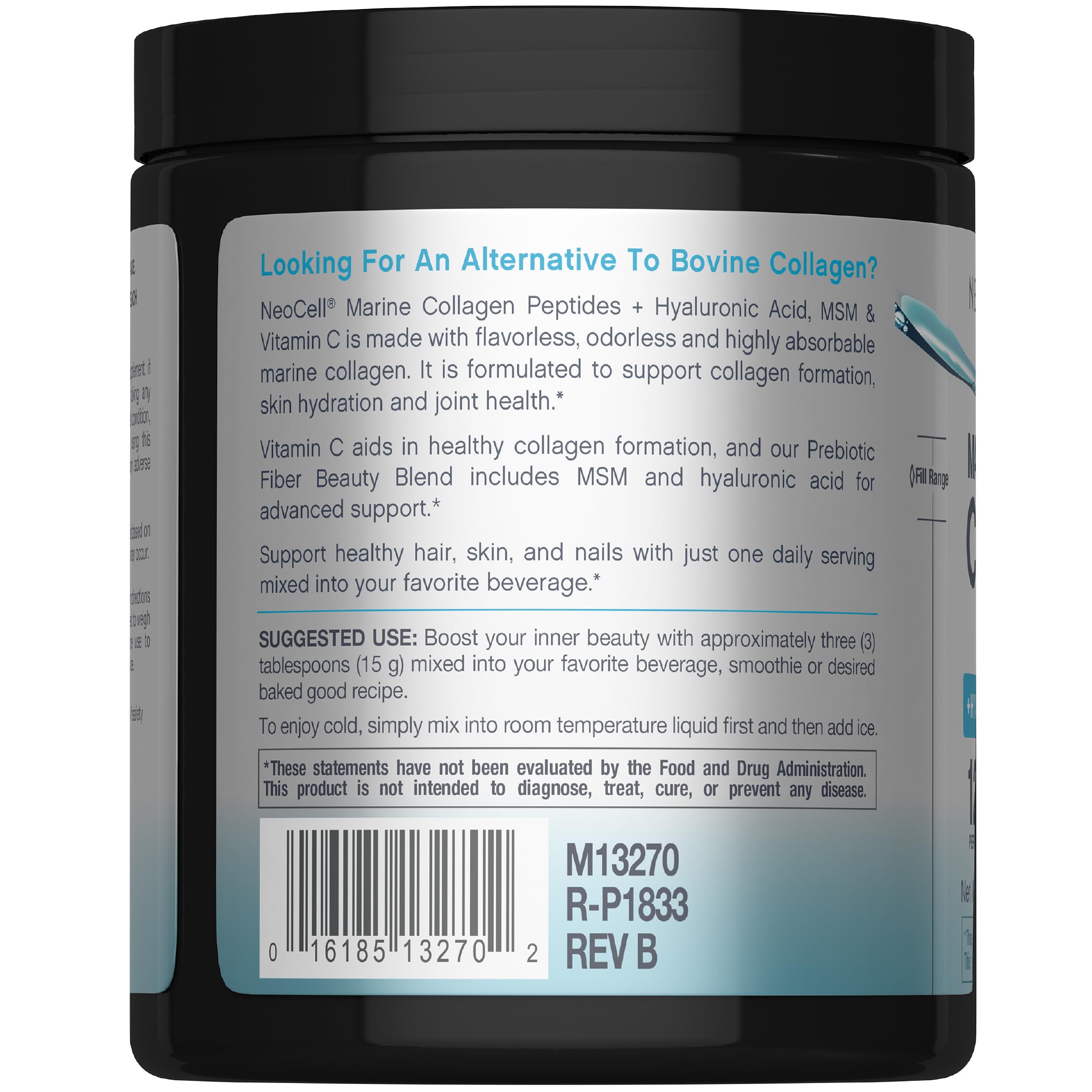 NeoCell Marine Collagen Powder label highlights hyaluronic acid for skin hydration support.