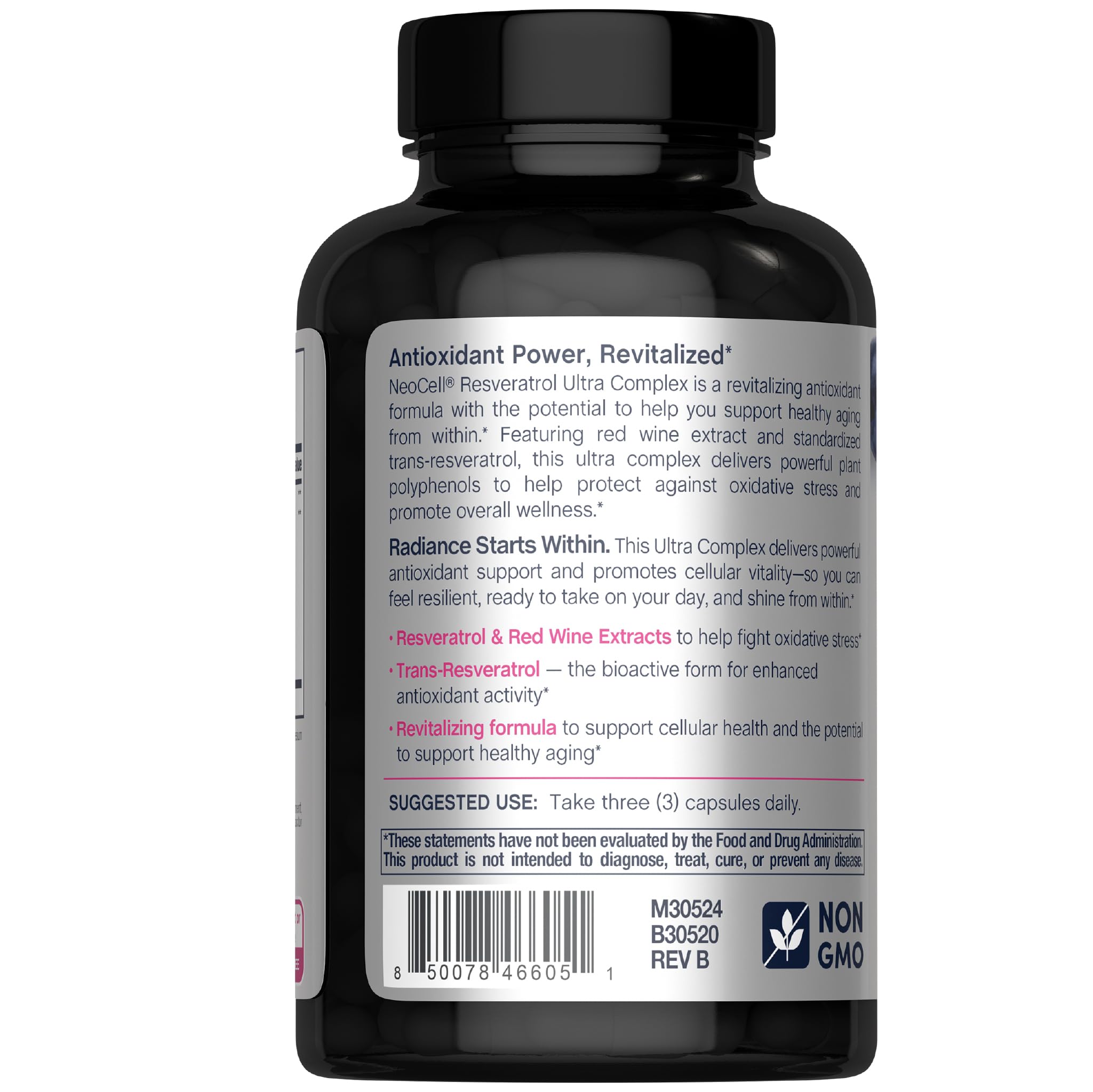 NeoCell Resveratrol Complex bottle label highlighting revitalizing polyphenols.