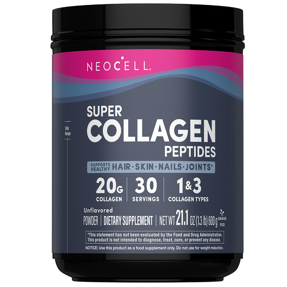 NeoCell Super Collagen Peptides bottle with scoop for easy blending in smoothies