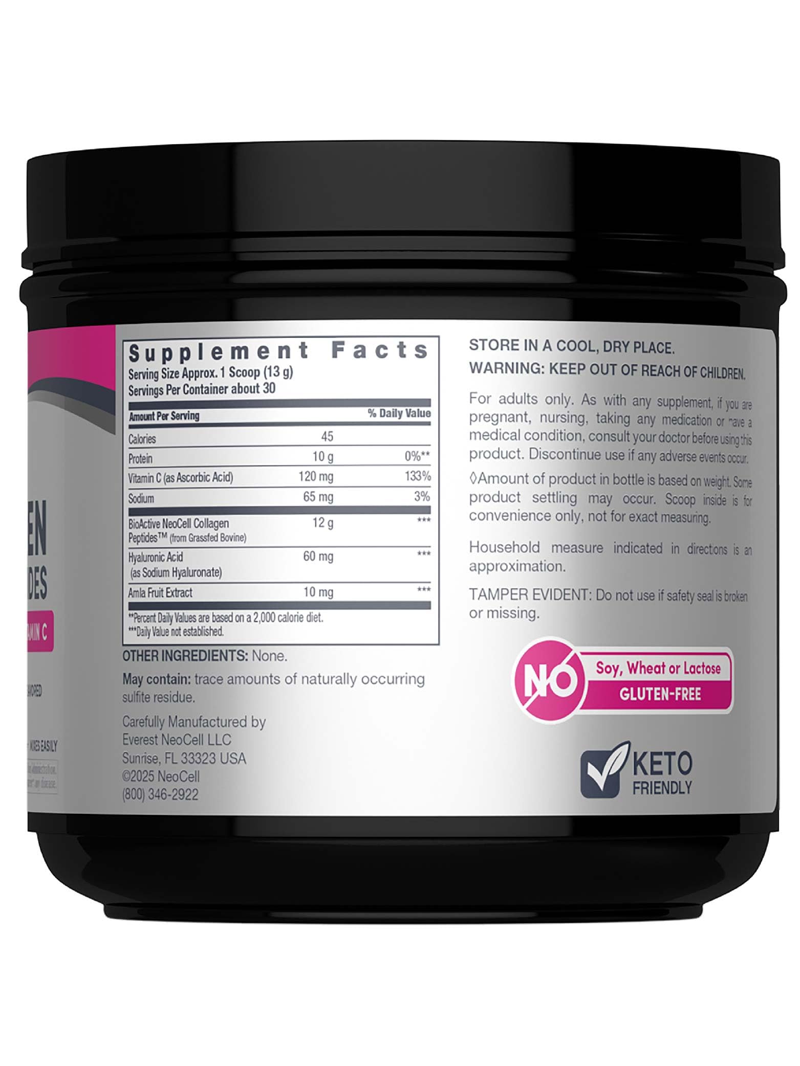 NeoCell Super Collagen Peptides label closeup; ingredients and packaging details.