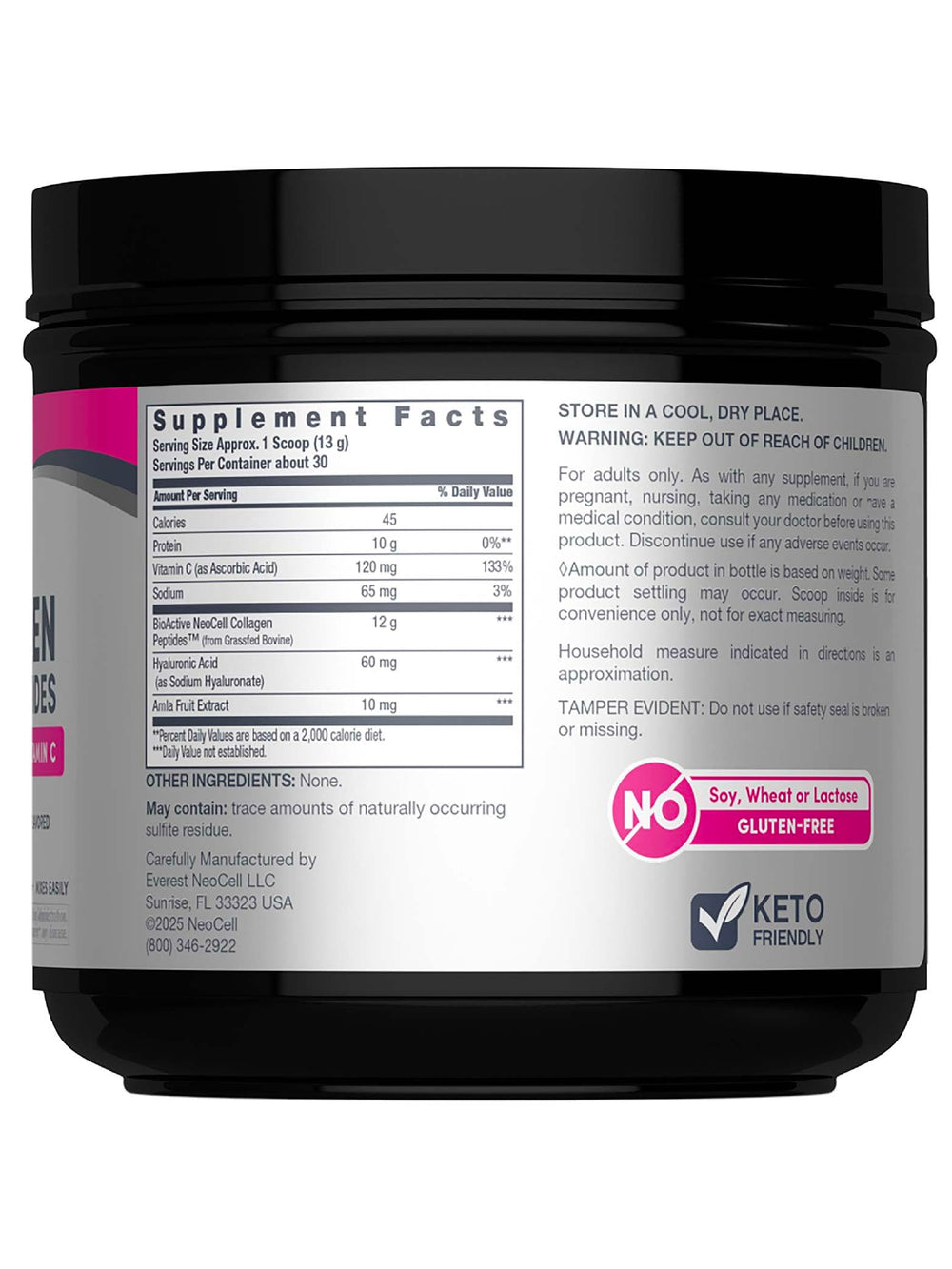 NeoCell Super Collagen Peptides label closeup; ingredients and packaging details.