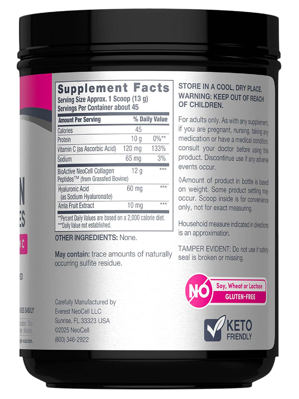 NeoCell Super Collagen Powder scoop resting on tub for easy dosing.