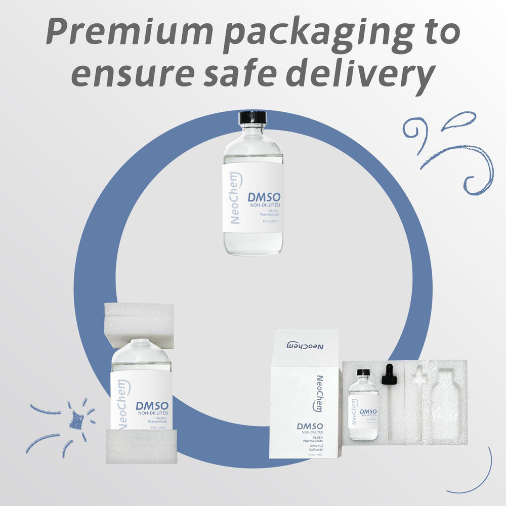 NeoChem DMSO bottle showcases premium glass and odorless formula
