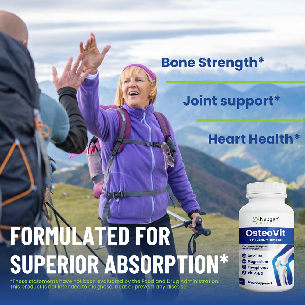 Neogen Health OsteoVit tablets close-up with calcium carbonate and vitamin D3.