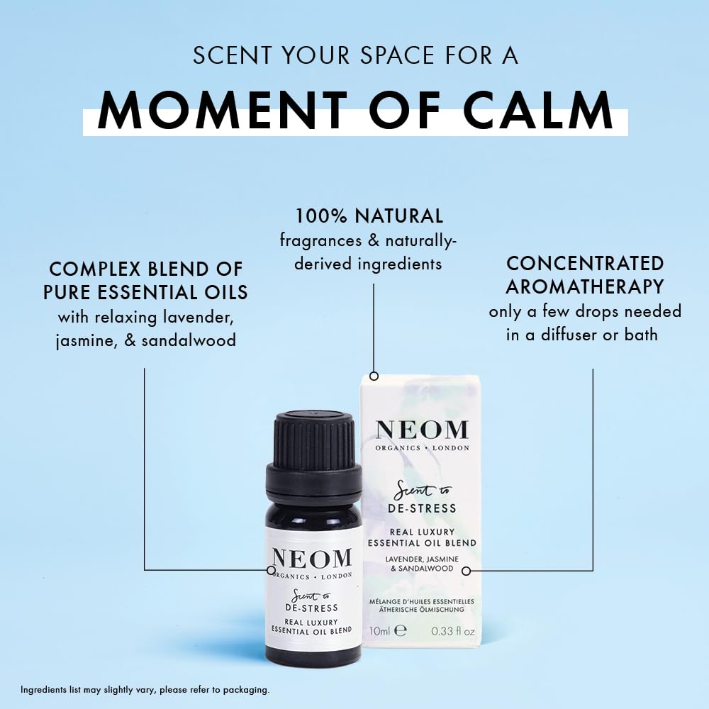 NEOM jasmine essential oil bottle delivering soothing floral serenity.