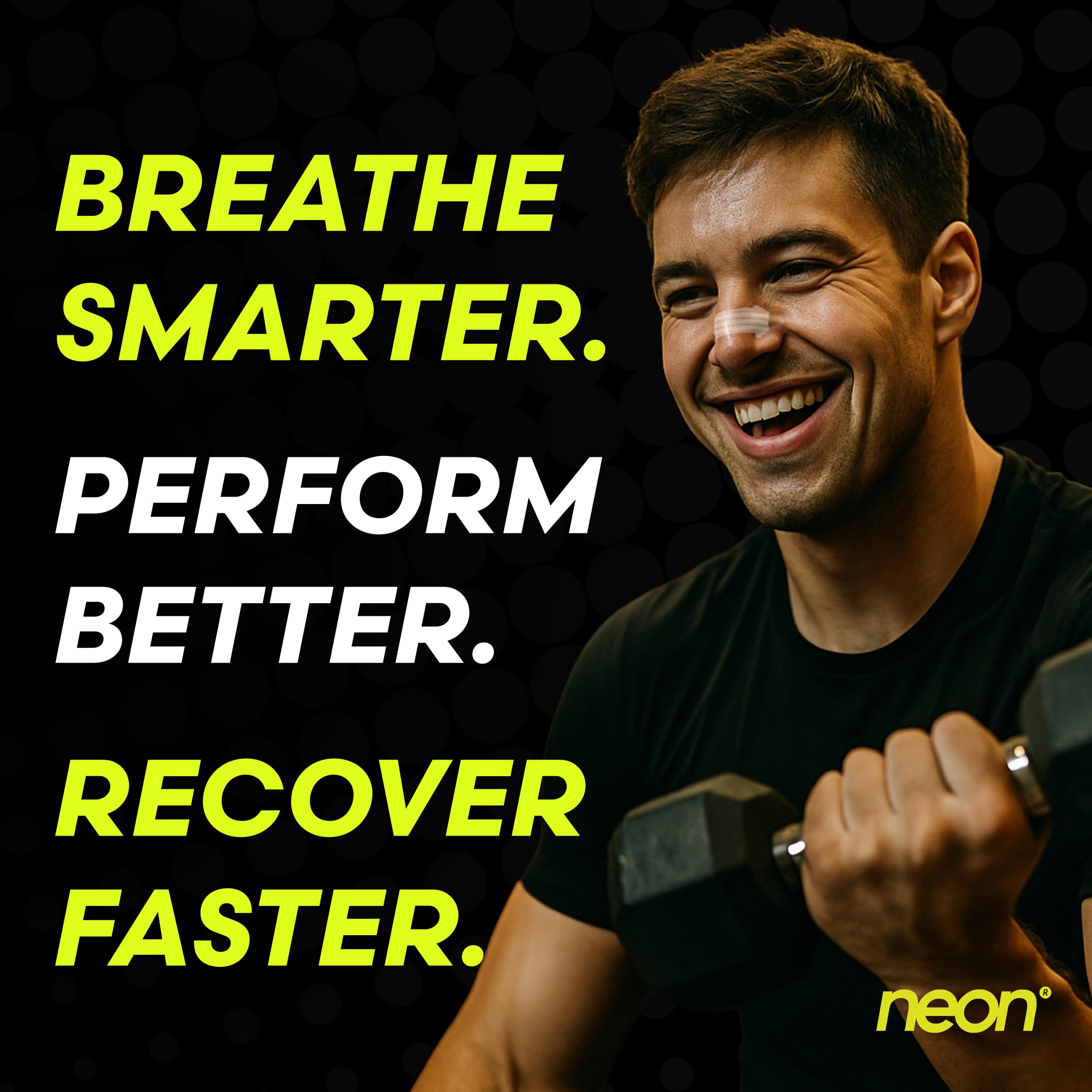 Neon Performance nasal strip applied to nostrils during training showing improved airflow.