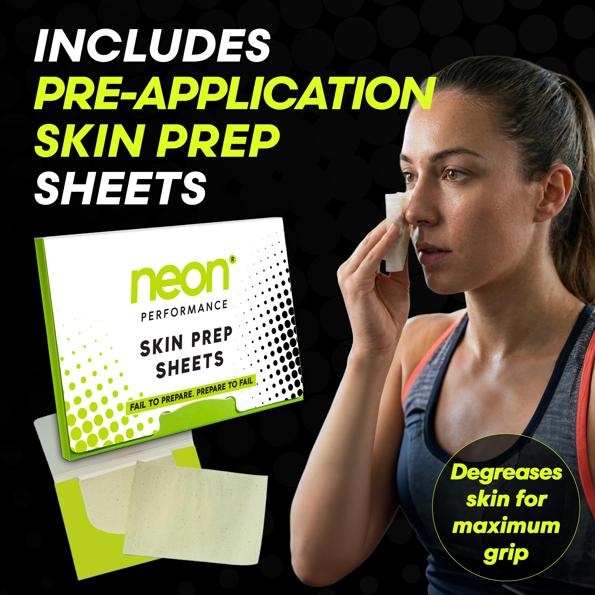 Neon Performance skin prep sheets included to boost adhesion before applying the nasal strip.