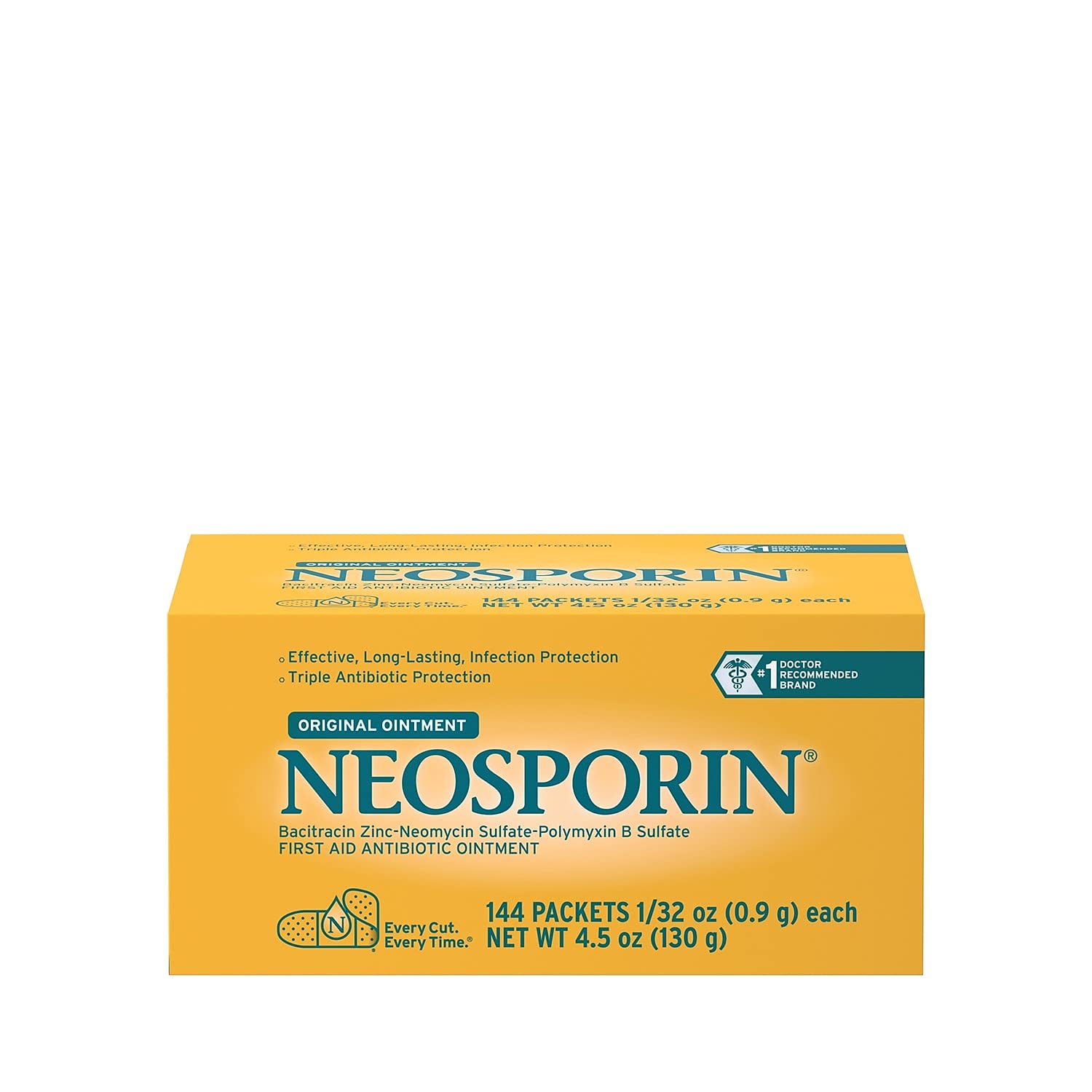 Neosporin Original Ointment foil-pack with 144 tubes for convenient first aid.
