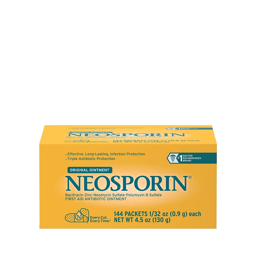 Neosporin Original Ointment foil-pack with 144 tubes for convenient first aid.