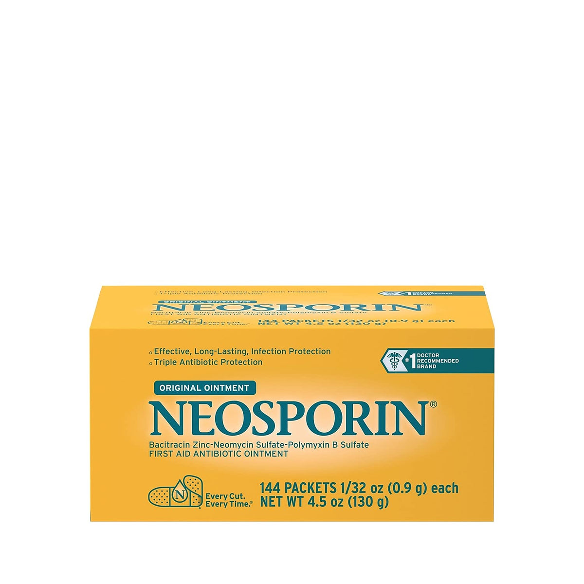 Neosporin Original Ointment foil-pack with 144 tubes for convenient first aid.