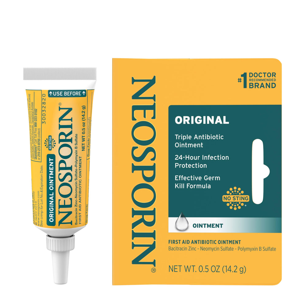 Neosporin Original ointment tube closeup for on-the-go wound care.