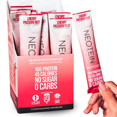 NEOTEIN Cherry Passionfruit packet front highlights quick hydration and 10g protein.