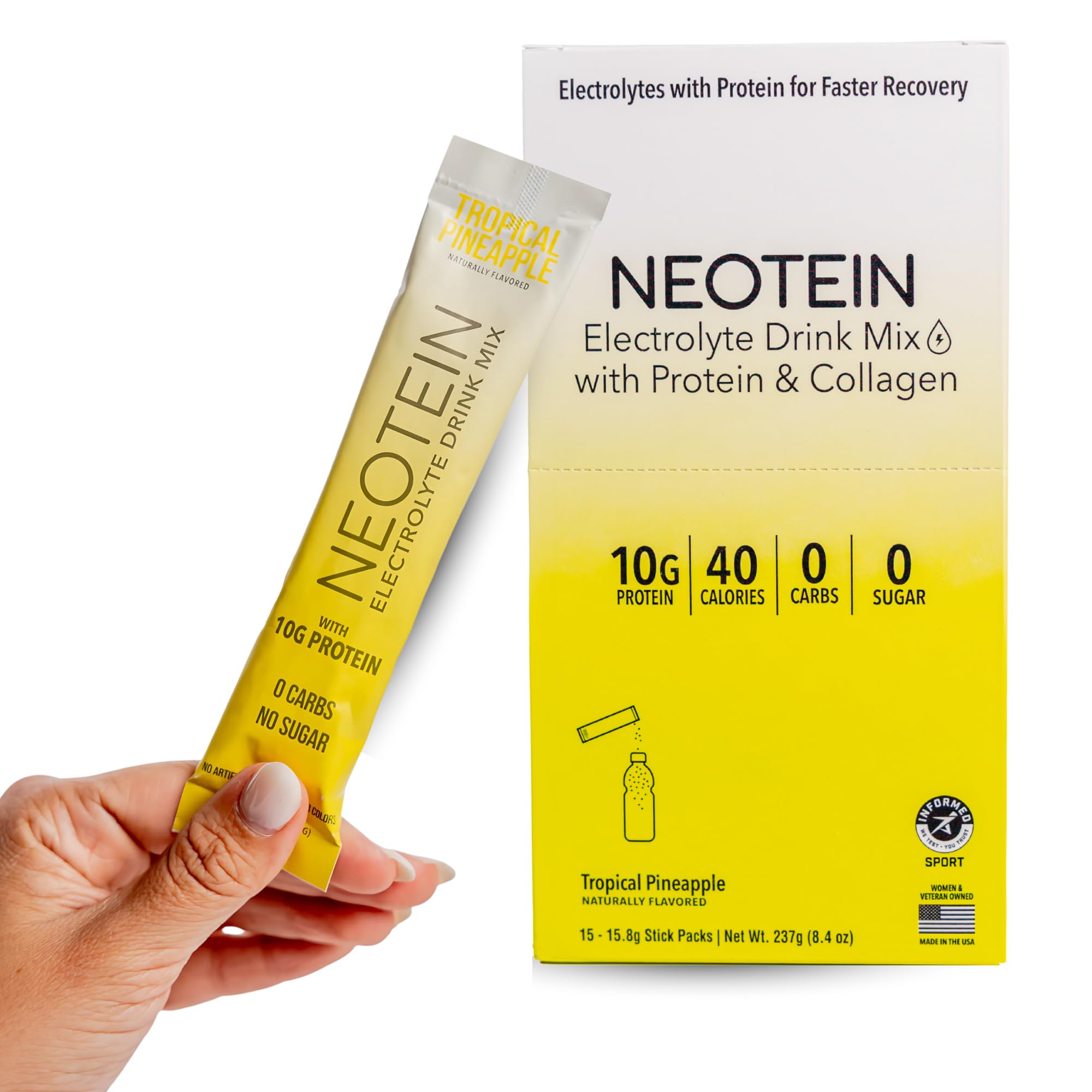 NEOTEIN electrolyte packet in tropical pineapple flavor for quick hydration on the go