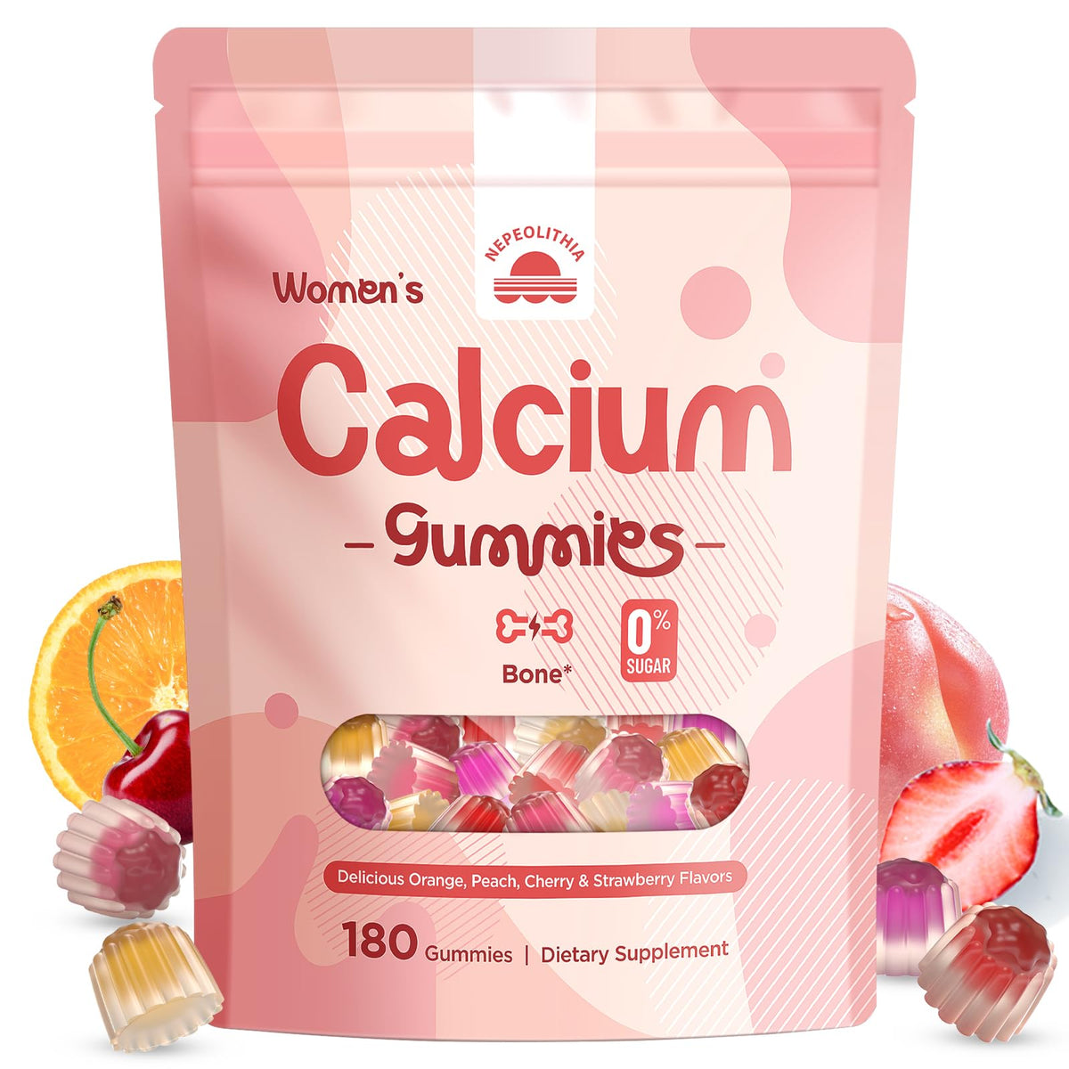 Nepeolithia Calcium Gummies Women bottle with mixed fruit flavors for daily support.