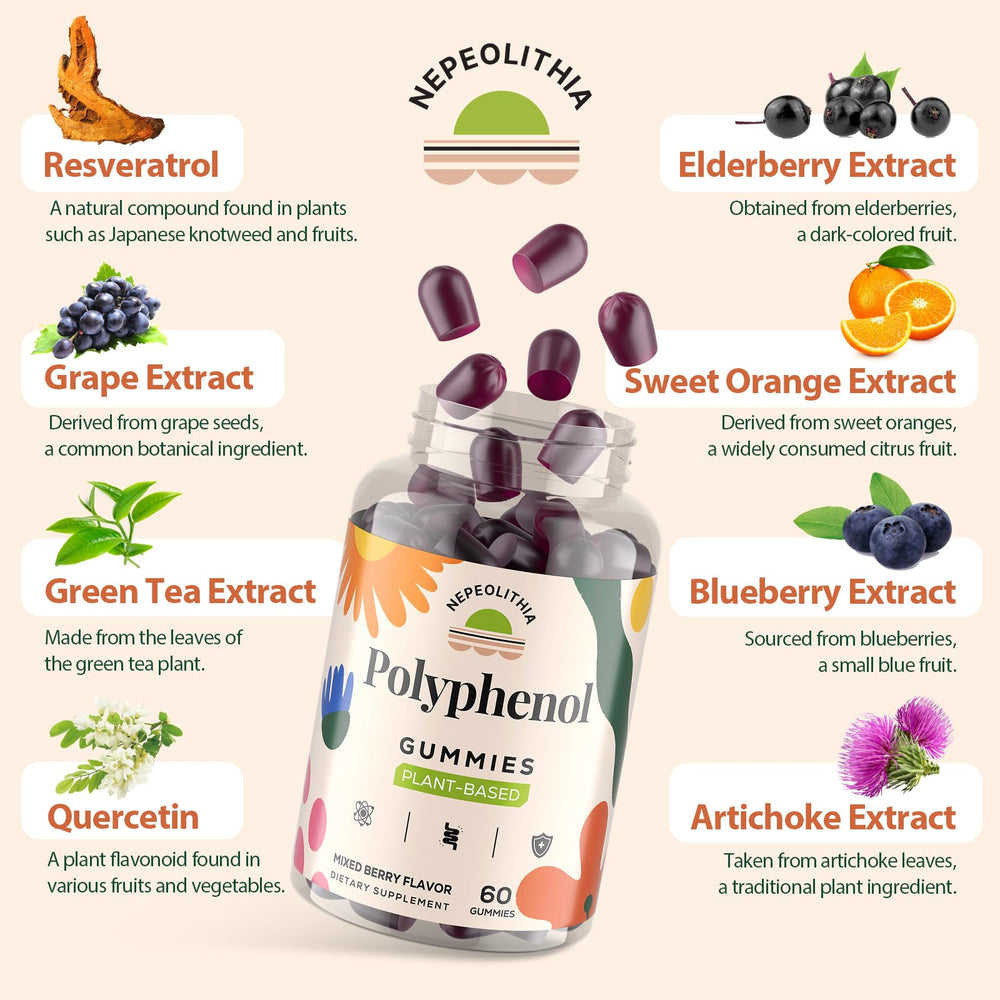 Nepeolithia Polyphenol Gummies in hand highlight convenient daily supplement.