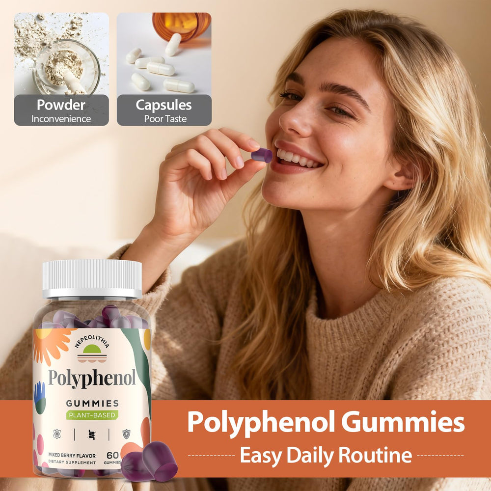 Nepeolithia polyphenol gummies ingredient panel highlights plant-based extracts.