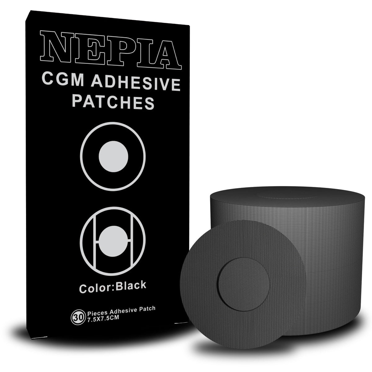 Parche CGM Nepia negro de 30 piezas, adherencia duradera para uso diario activo.