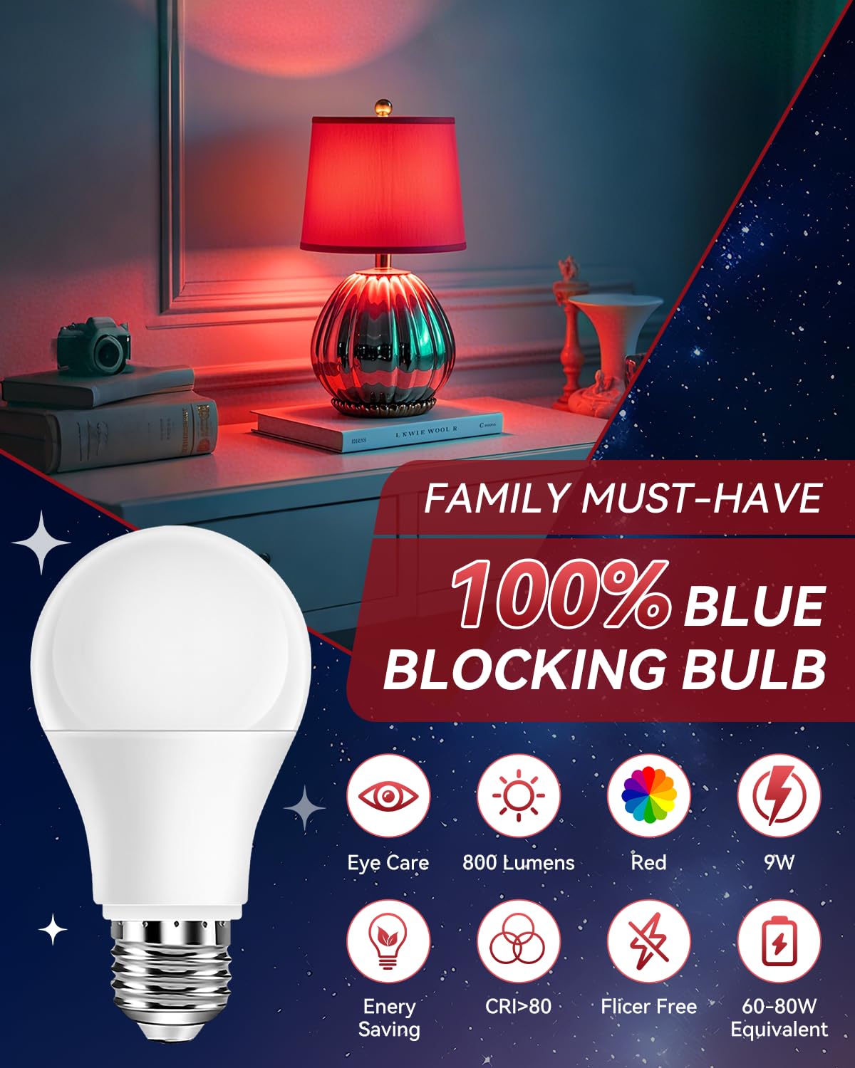 Neporal A19 night-light in bedroom provides dim, soothing illumination for bedtime.