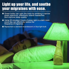 Neporal green light therapy used in a bedroom setting to promote calm.