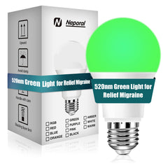 Neporal migraine-relief LED bulb with green 520nm light for potential headache relief.