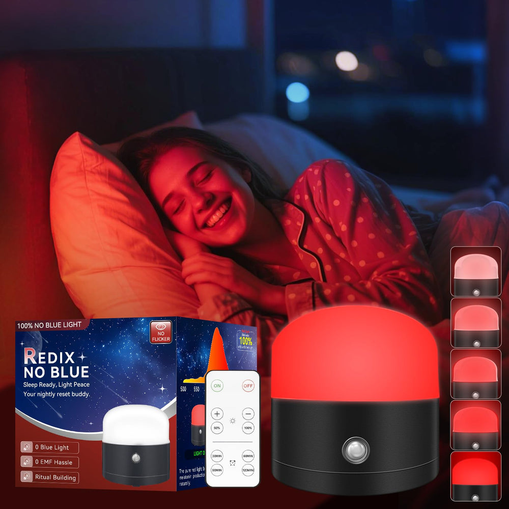 Neporal Redix 670nm red light in a cozy bedroom creating sunset-like ambiance