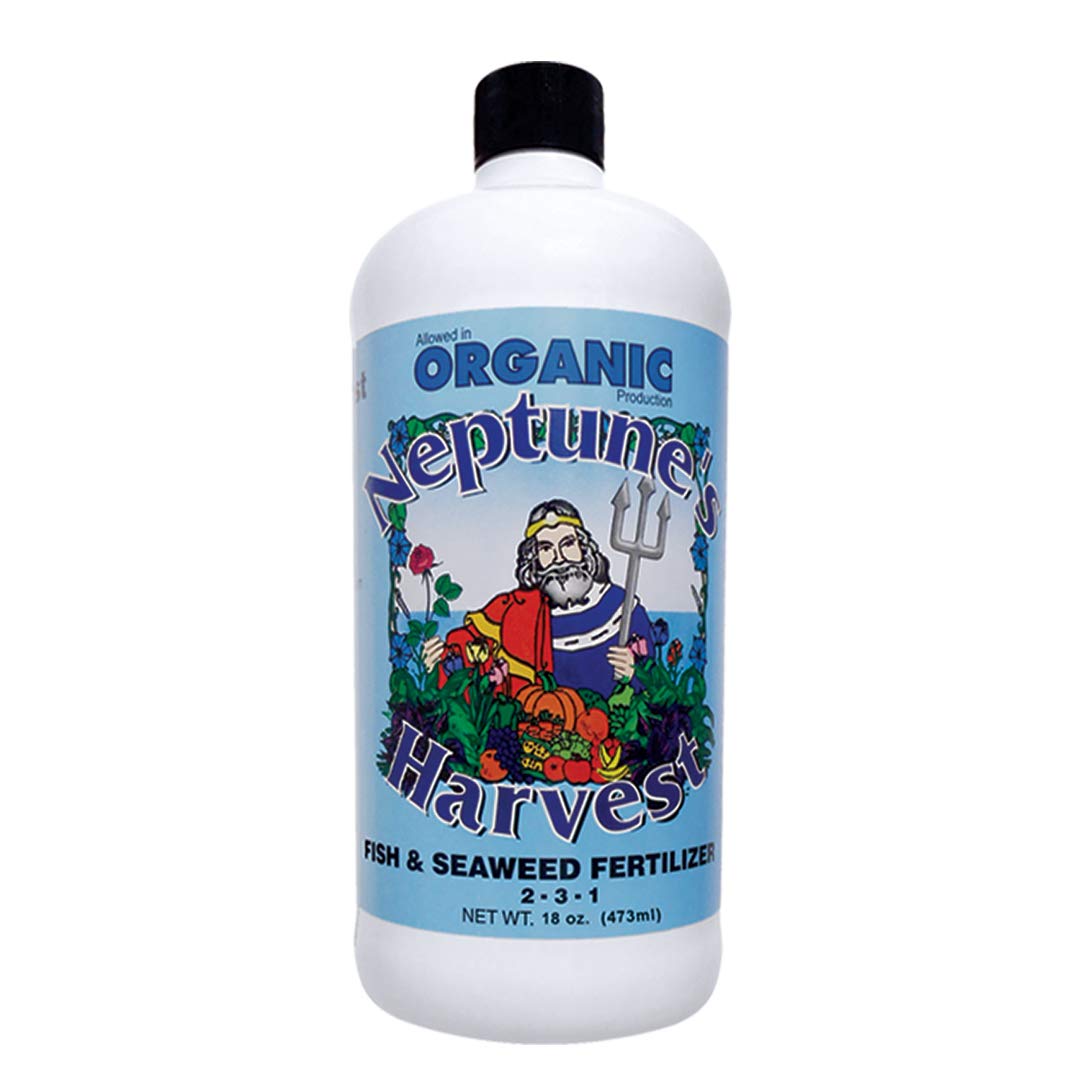 Neptune's Harvest FS118 fish & seaweed blend bottle promoting balanced plant nutrition.
