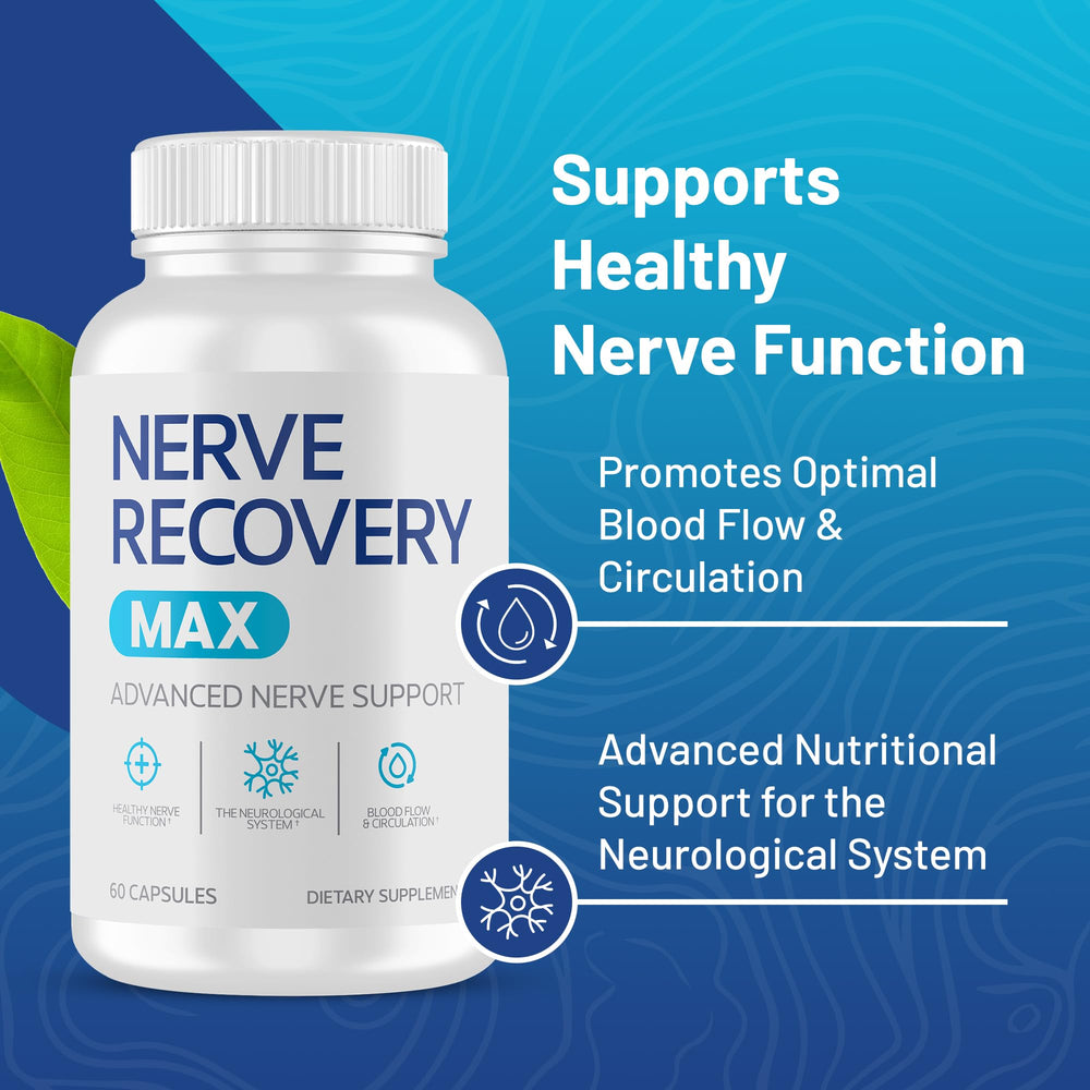 Nerve Recovery Max bottle label highlights non-GMO formula and USA manufacturing.