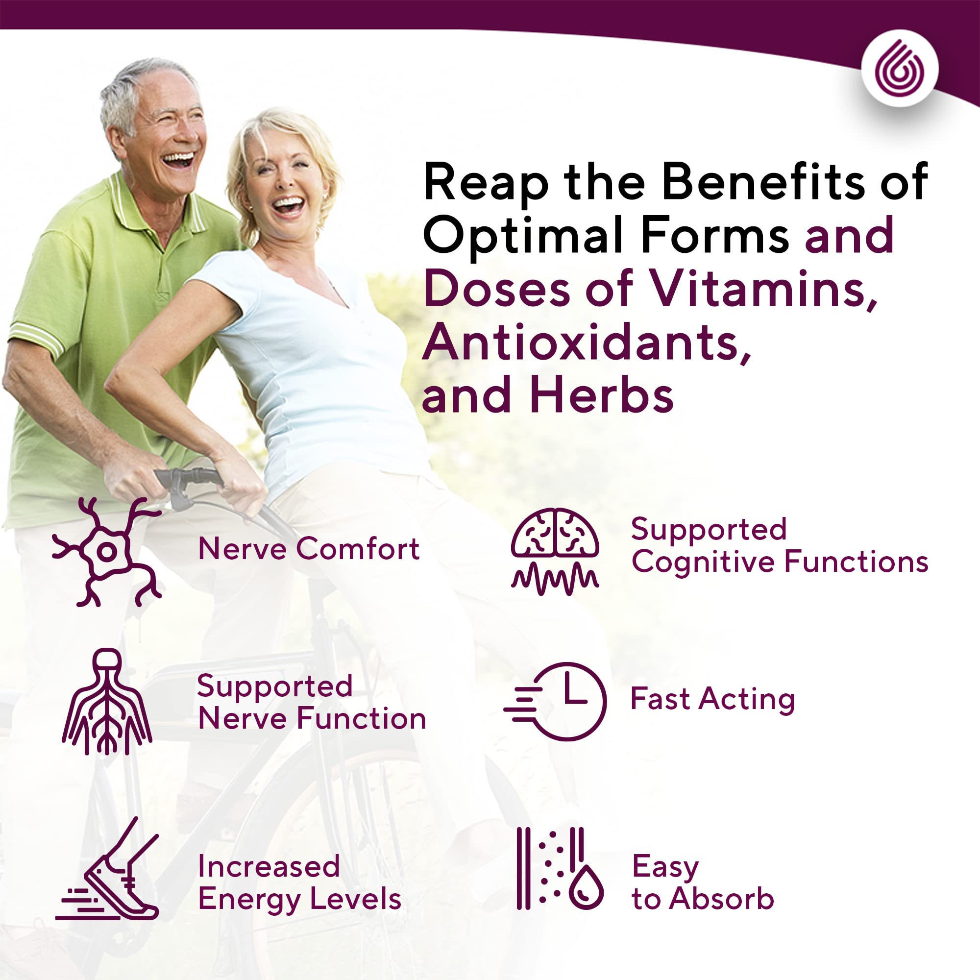 NERVE RENEW ingredient icons show B vitamins and benfotiamine.