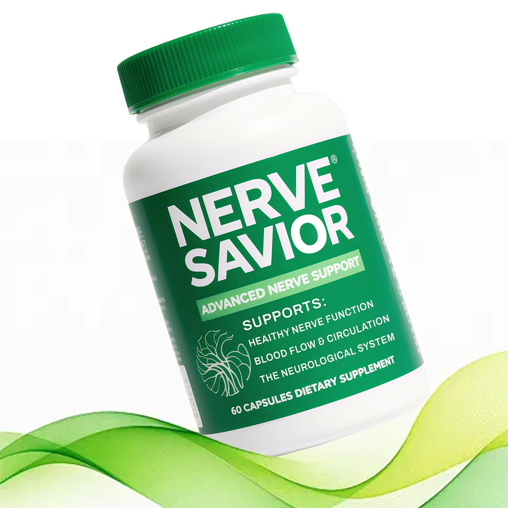 Nerve Savior bottle on table, convenient daily nerve support.