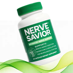 Nerve Savior bottle on table, convenient daily nerve support.