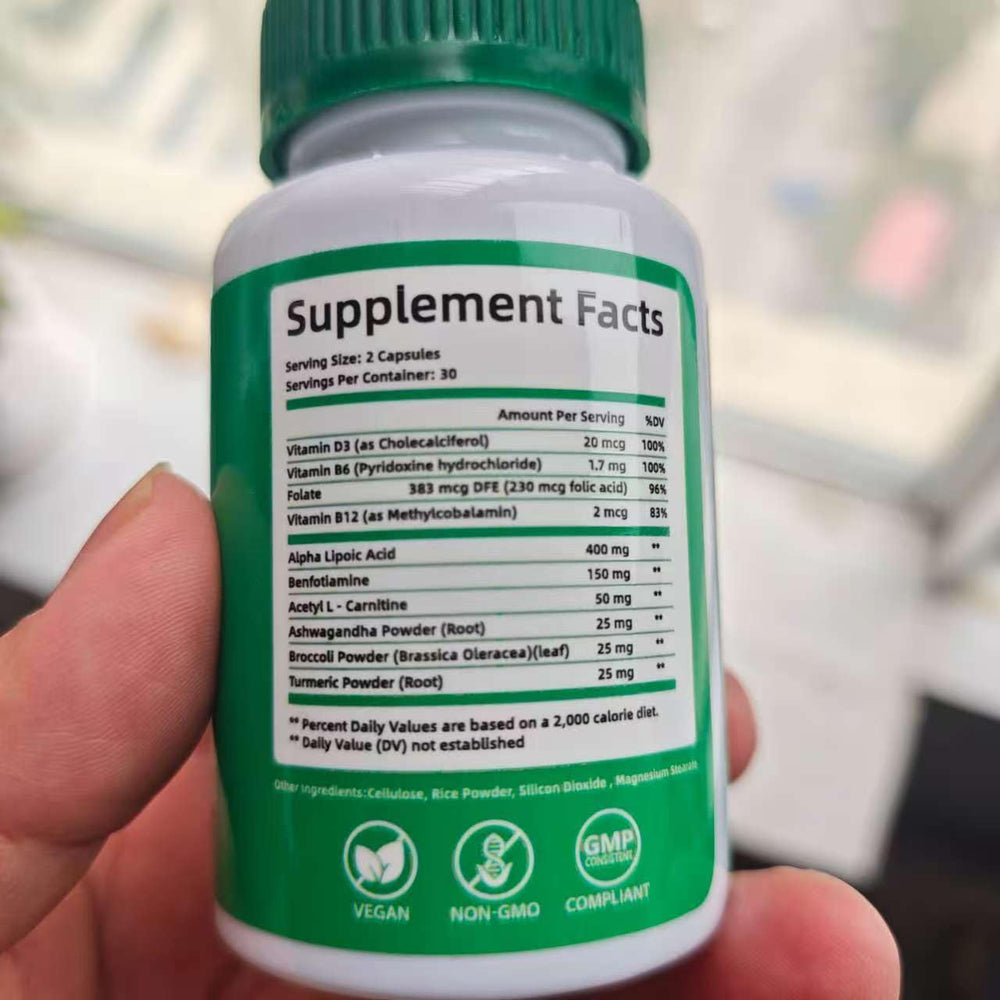 Nerve Savior label close-up, science-backed nerve health messaging.
