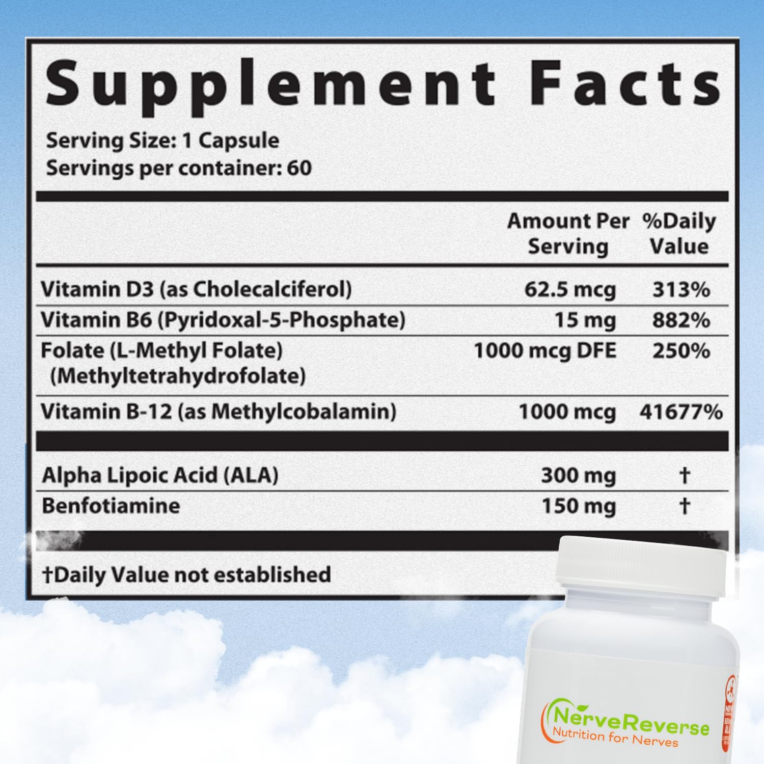 NerveReverse bottle label highlighting vegan formula and key ingredients
