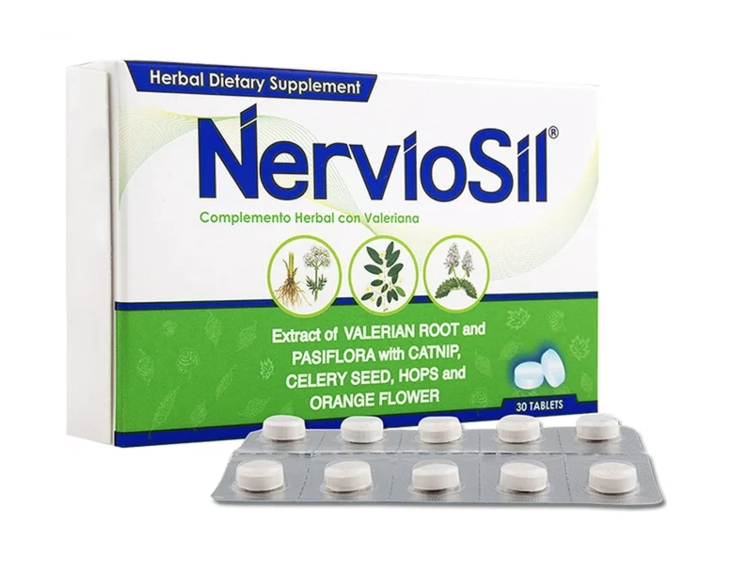 NervioSil bottle packshot highlighting herbal supplement for daily nerve and body support.