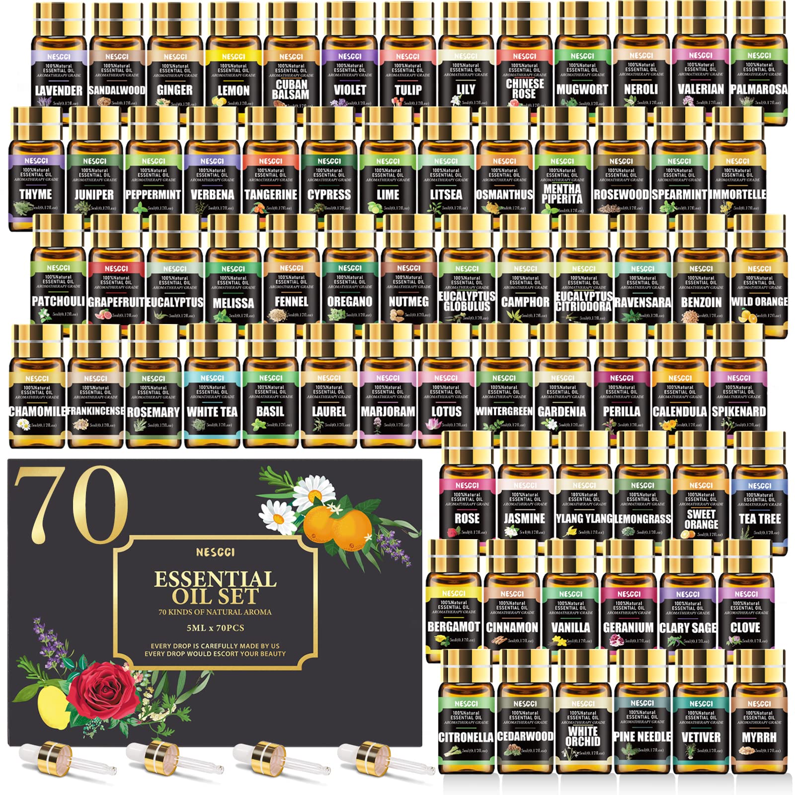 NESCCI 70-bottle essential oil set close-up showing variety for diffusers