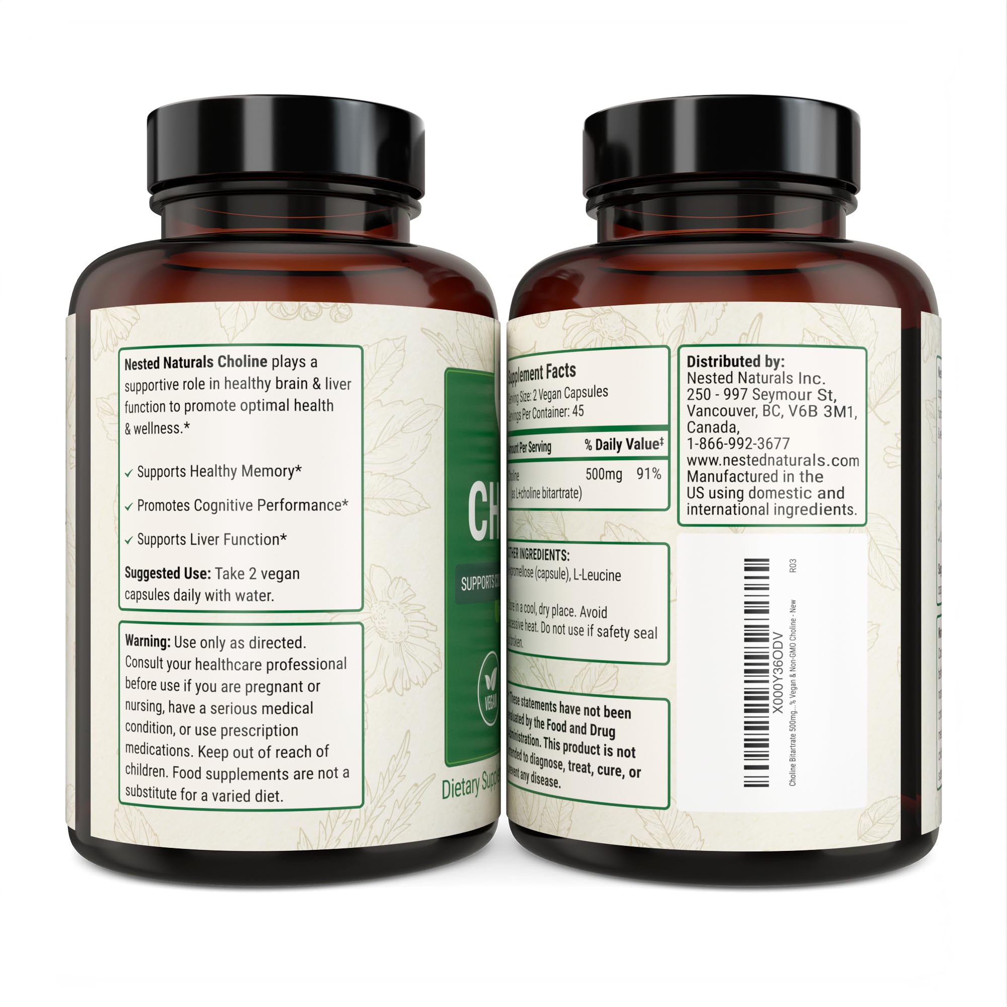 Nested Naturals Choline Bitartrate 2-pack packaging for ongoing value.