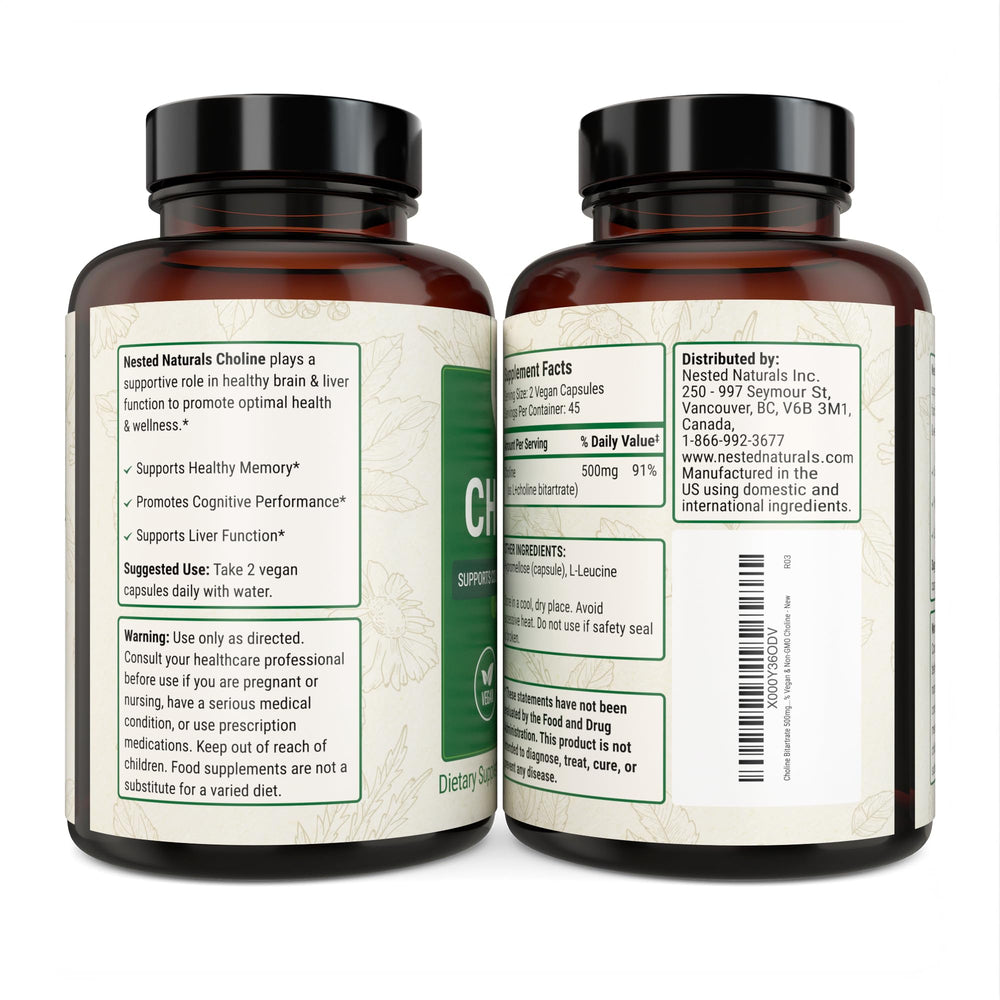 Nested Naturals Choline Bitartrate 2-pack packaging for ongoing value.
