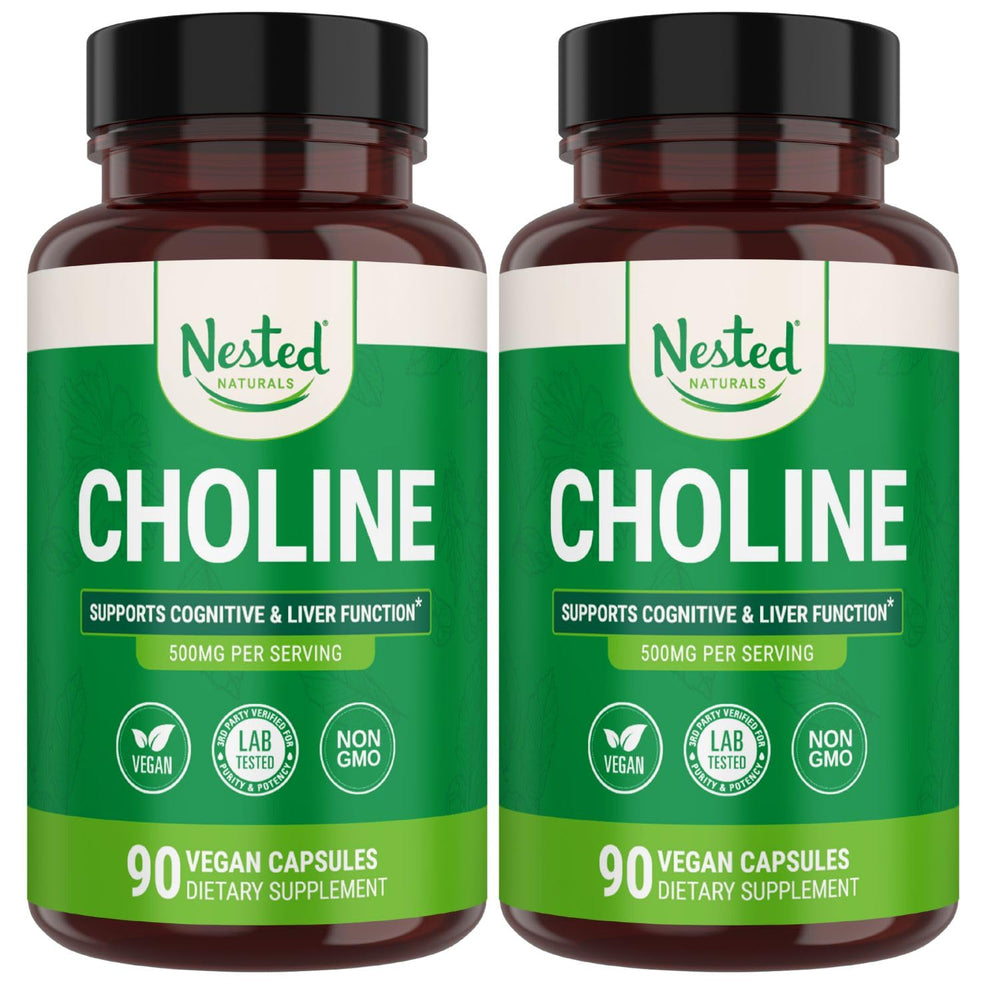 Nested Naturals Choline Bitartrate 500mg bottle front, highlighting high-potency cognitive support.