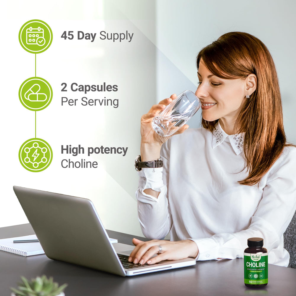 Nested Naturals Choline Bitartrate bottle label, emphasizing vegan and non GMO quality.